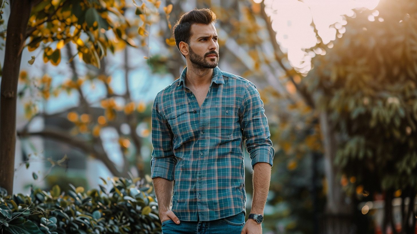 Man in a relaxed-fit casual shirt with check pattern, sleeves rolled up, untucked over jeans, standing in a laid-back urban or outdoor setting.