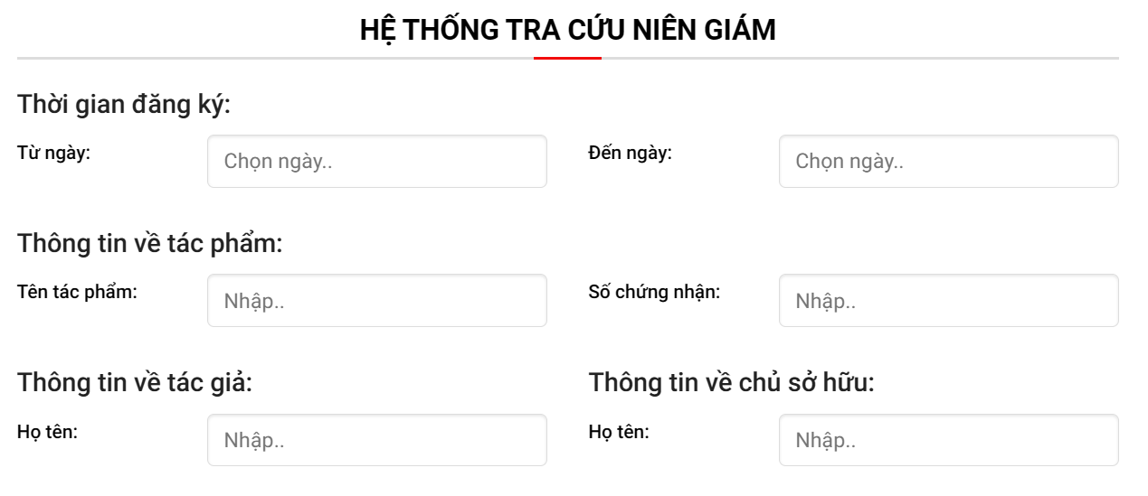 Giao diện tra cứu bản quyền tác giả của hệ thống tra cứu niên giám