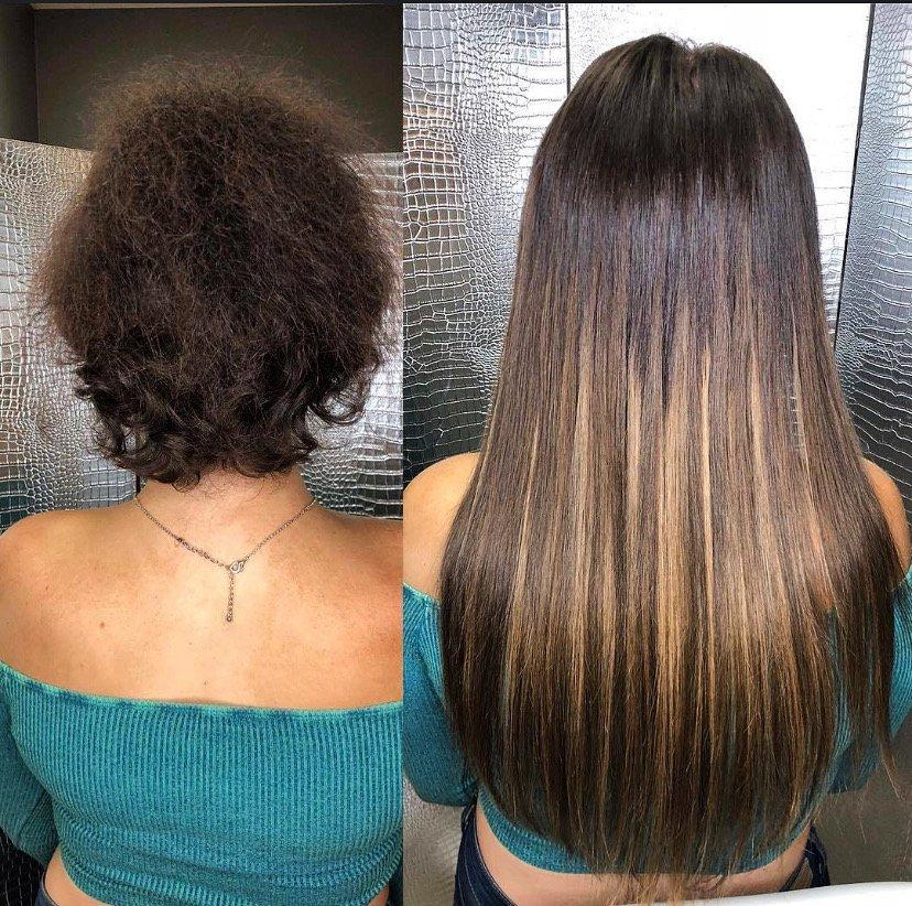 Before and after images of hair transformation by Noelle Salon