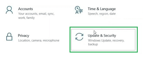 Control Panel to search for Update & Security