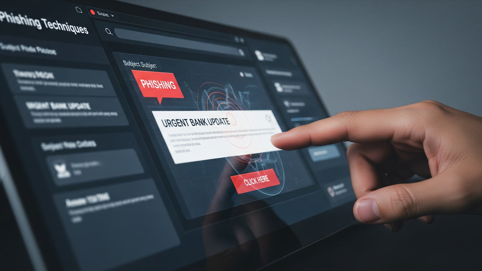 Digital screen showing a phishing attempt, for phishing techniques awareness.