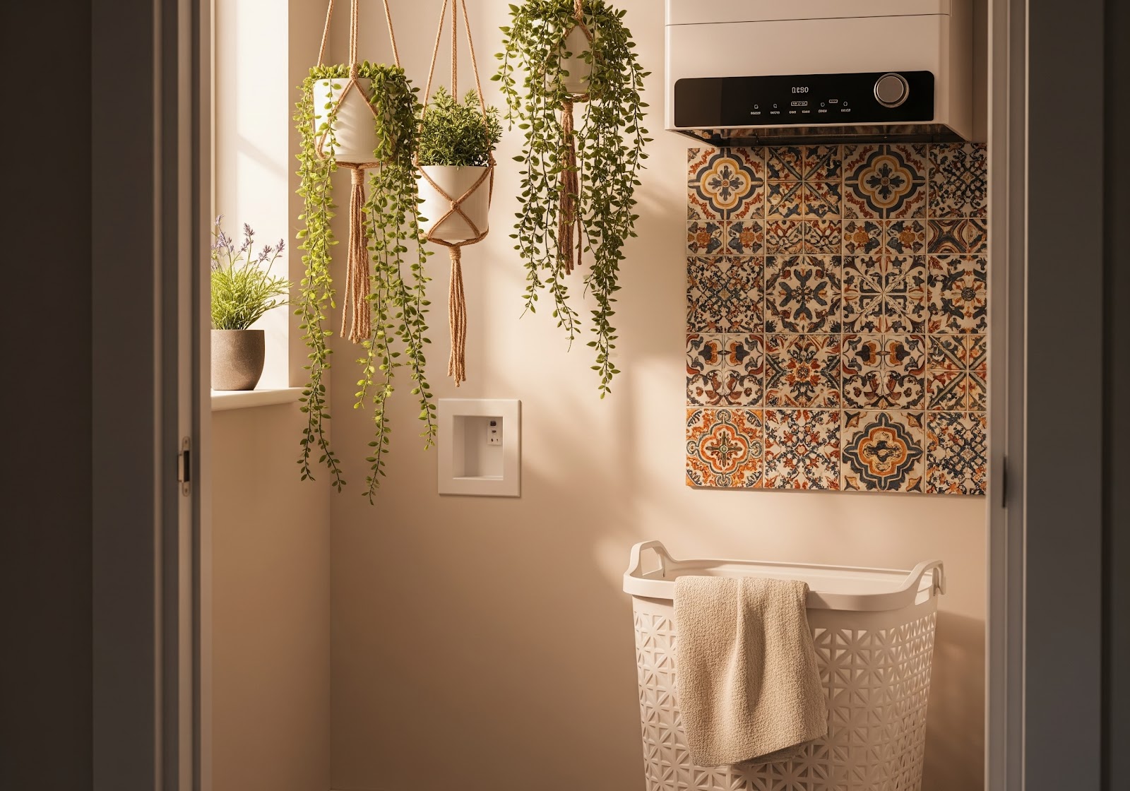 Uma pequena área de serviço decorada com plantas suspensas, um cesto de roupa de design moderno e um azulejo estampado na parede.