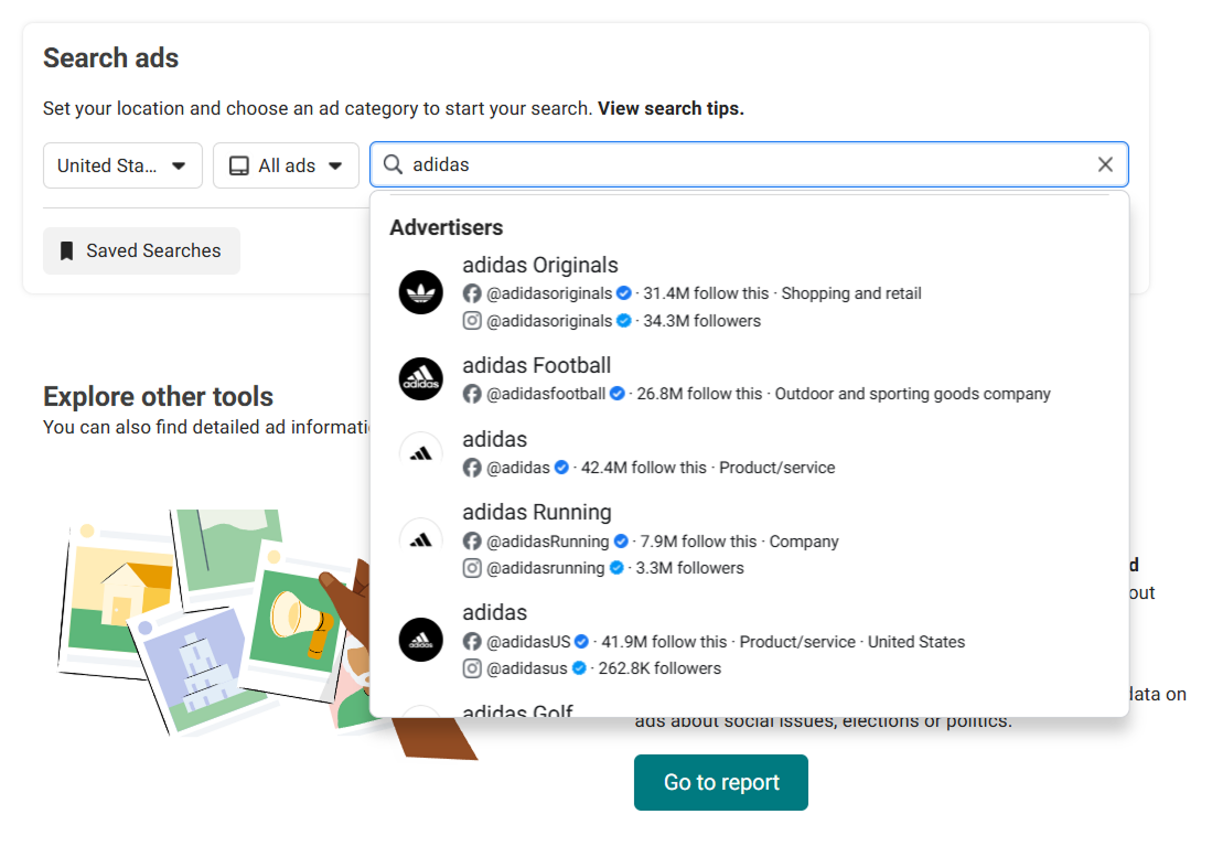 Screenshot showing Meta Ads Library search filter