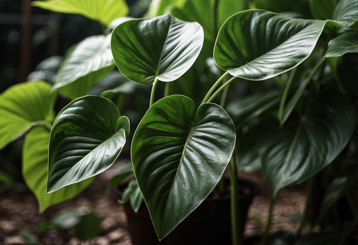 Lush green leaves of Philodendron Radiatum contrast with the delicate, heart-shaped foliage of Mayoi. The Radiatum's elongated, pointed leaves stand out against the Mayoi's rounded, wavy edges. Both plants thrive in a