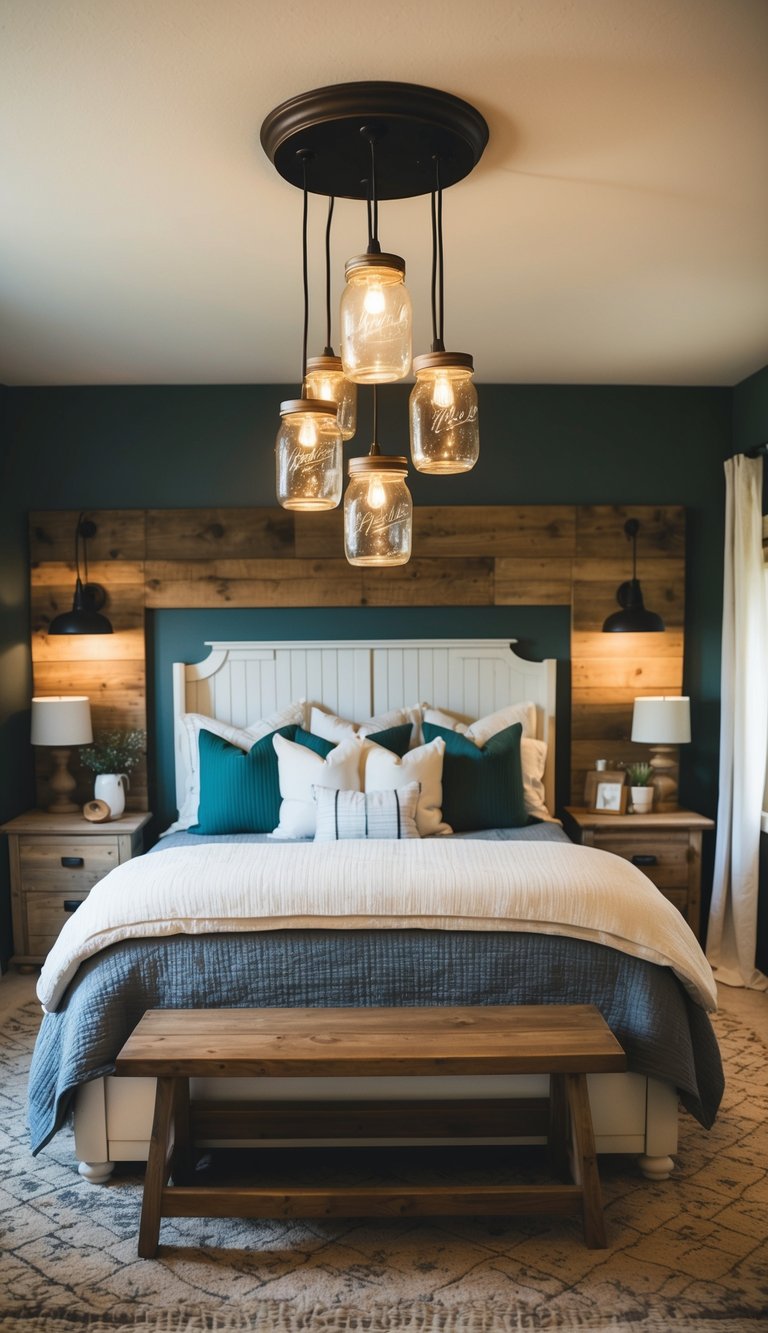 A cozy bedroom with mason jar pendant lights hanging above a rustic bed, surrounded by country farmhouse decor