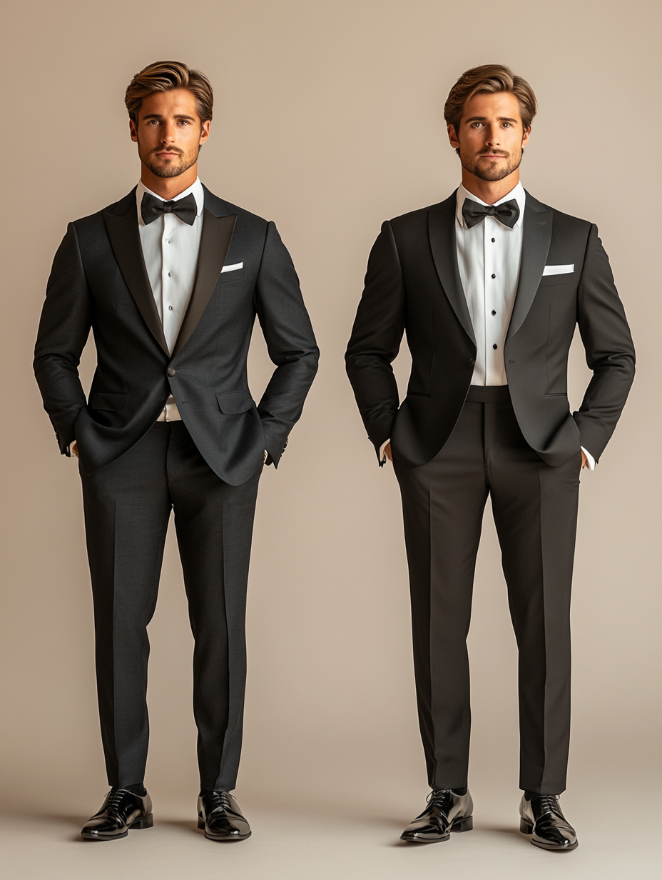 
Split image showing the difference between homecoming and prom attire. On the left side, a semi-formal homecoming look for men: a sharp, well-fitted suit in navy or gray, paired with a dress shirt, simple tie, and classic leather shoes. On the right side, a formal prom look: a black tuxedo with a satin lapel, white dress shirt, black bow tie, polished black shoes, and sleek accessories like cufflinks and a pocket square. The homecoming side features a more relaxed, youthful vibe, while the prom side is elegant, polished, and high-end. The background subtly reflects the atmosphere of each event: a school gym or casual event for homecoming and a formal ballroom for prom