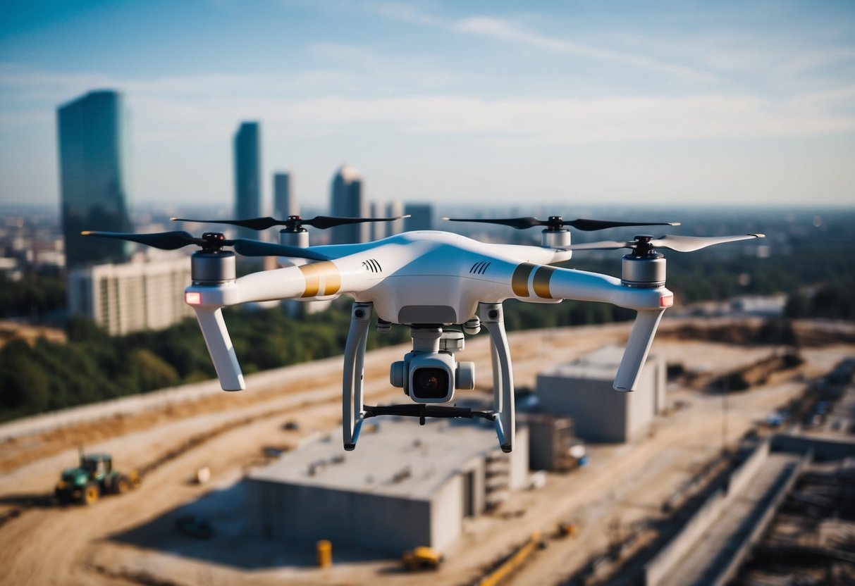 A drone hovers over a construction site, capturing detailed aerial images for mapping and surveying purposes