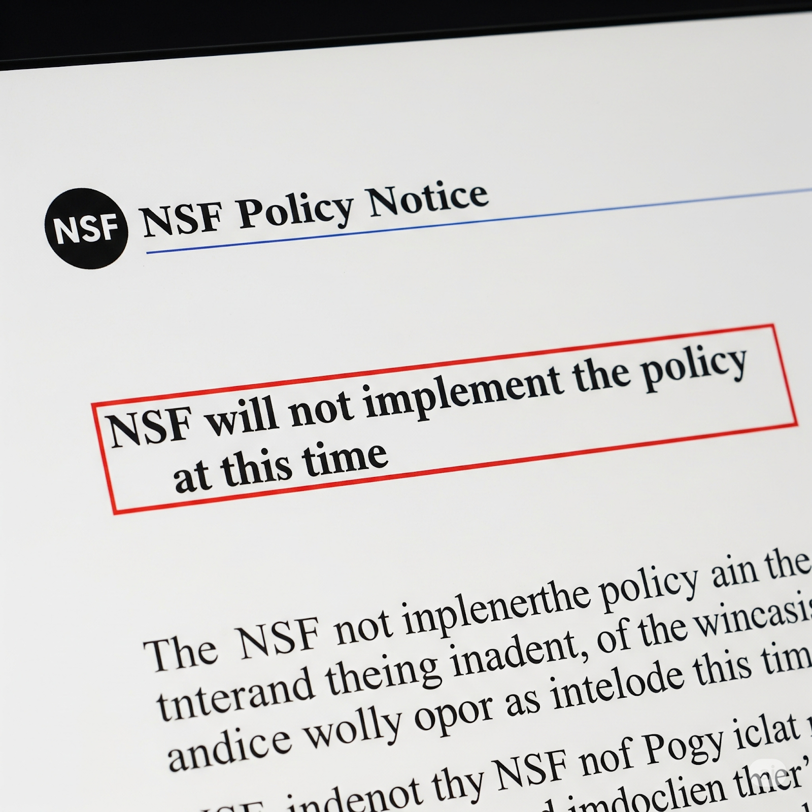 A Screenshot from an NSF Policy Notice highlighting "NSF will not implement the policy at this time".