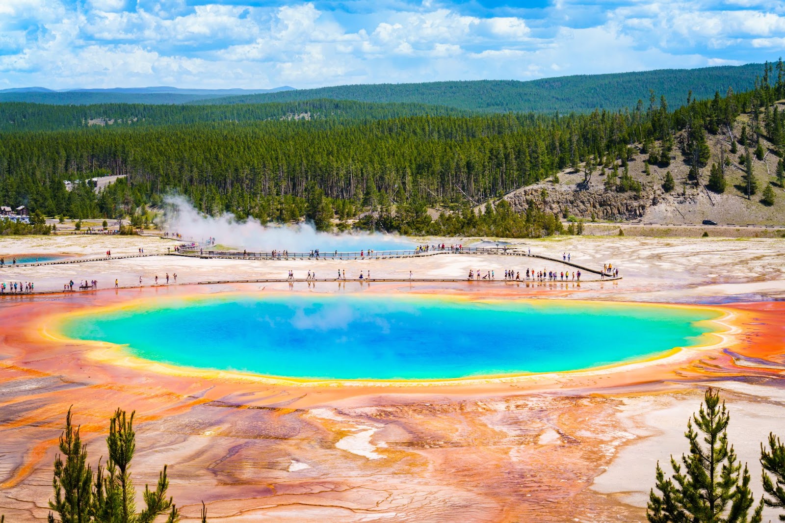 Panoramic view of the Old Faithful geyser inside Yellowstone National park, a wooden jetty around the geyser visible with travelers walking on it