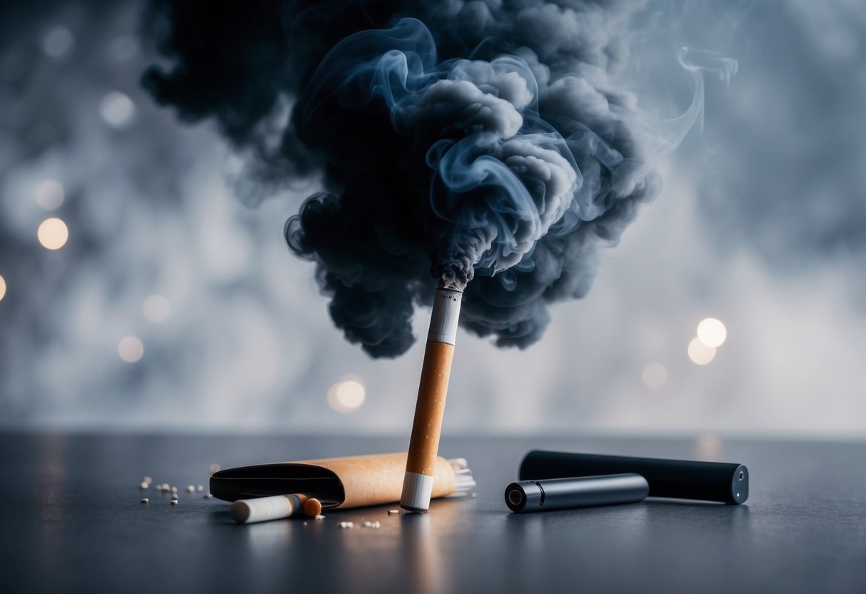 A dark, ominous cloud of smoke and vapor hovers over a discarded cigarette and vape pen, symbolizing the health risks of nicotine addiction