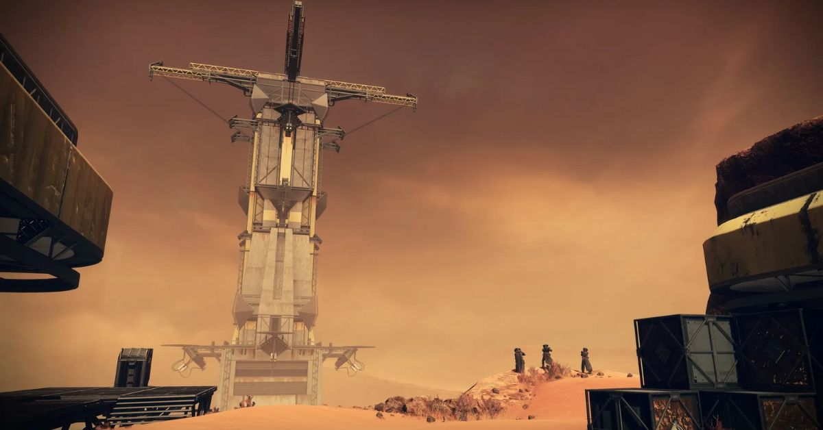 The Spire of the Watcher tower rises in the background of a captivating video game scene, enhancing the immersive environment.