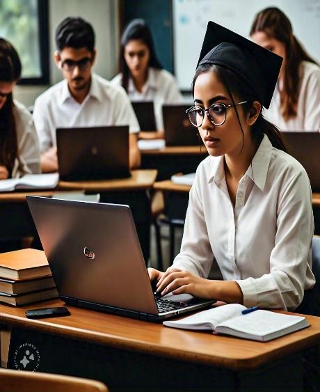 A person in a graduation cap and glasses sitting at a desk with a computer<br />
<br />
Description automatically generated