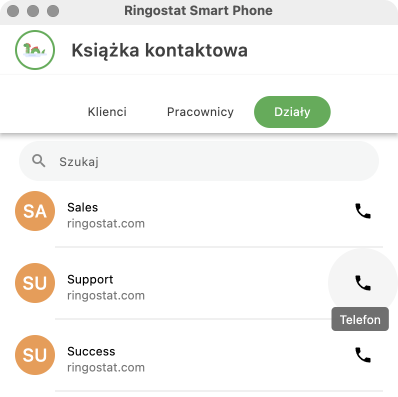 Ringostat Smart Phone, Zakładka „Działy”