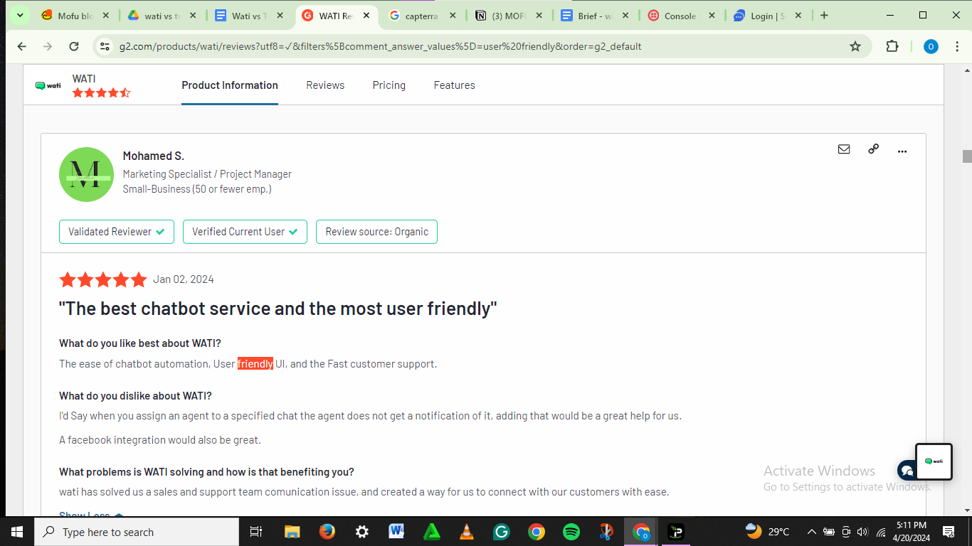 Customer's review on the user friendliness of Wati.