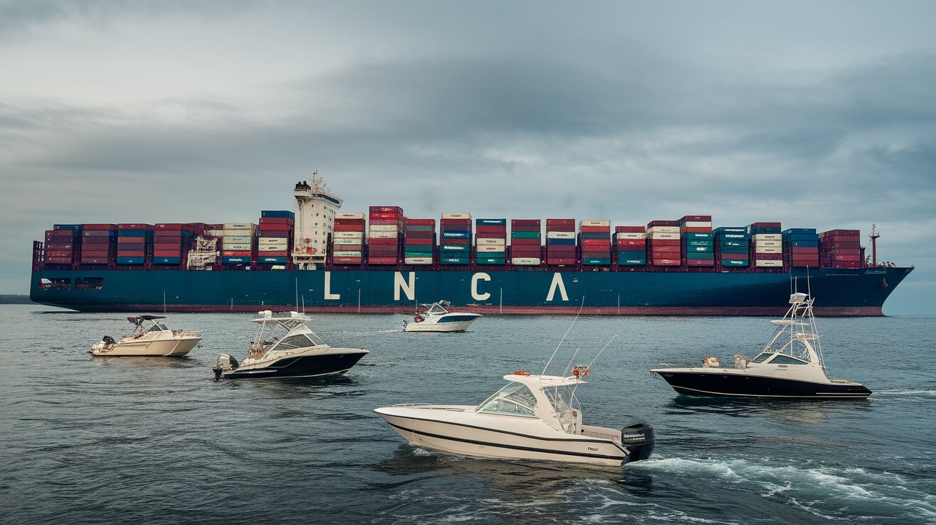 A massive container ship loaded with colorful cargo containers sails through calm waters, accompanied by smaller recreational boats in the foreground. The scene emphasizes global shipping and maritime logistics against a cloudy sky.