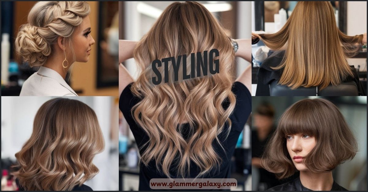 Hairstyling tutorial collage for straight hair with curled ends, featuring various hairstyles and techniques.