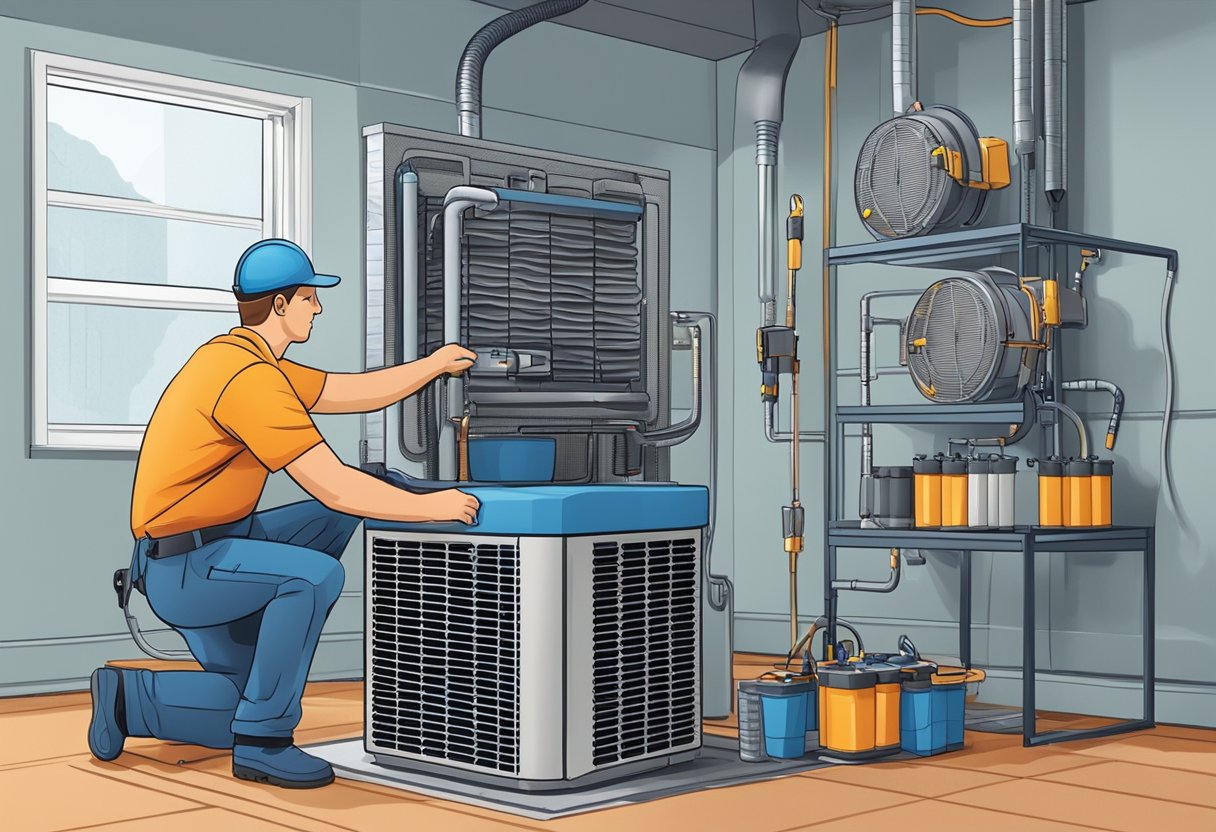 A technician checking A/C unit filters and cleaning coils in a well-lit room with tools and equipment nearby