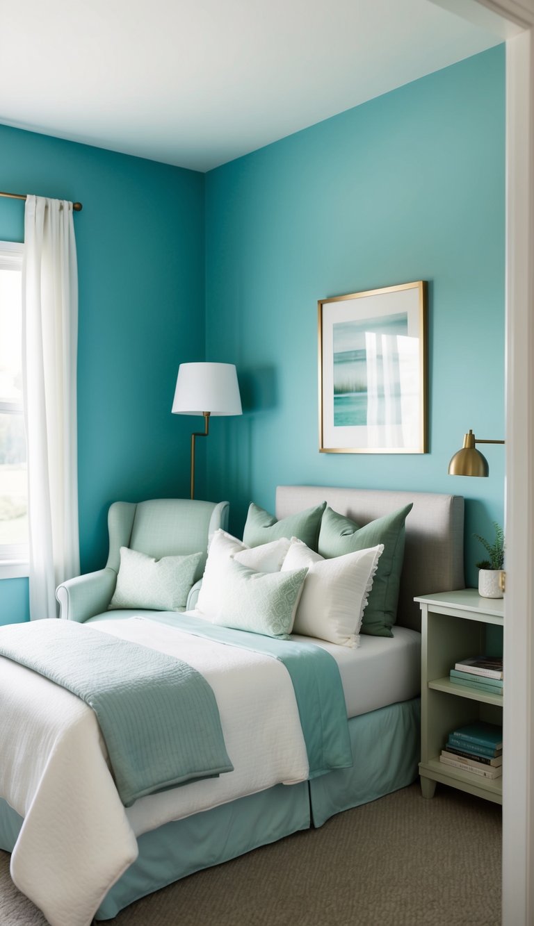 A serene guest bedroom with soft blue walls, white bedding, and accents of pale green and lavender. A cozy armchair sits in the corner beside a small bookshelf