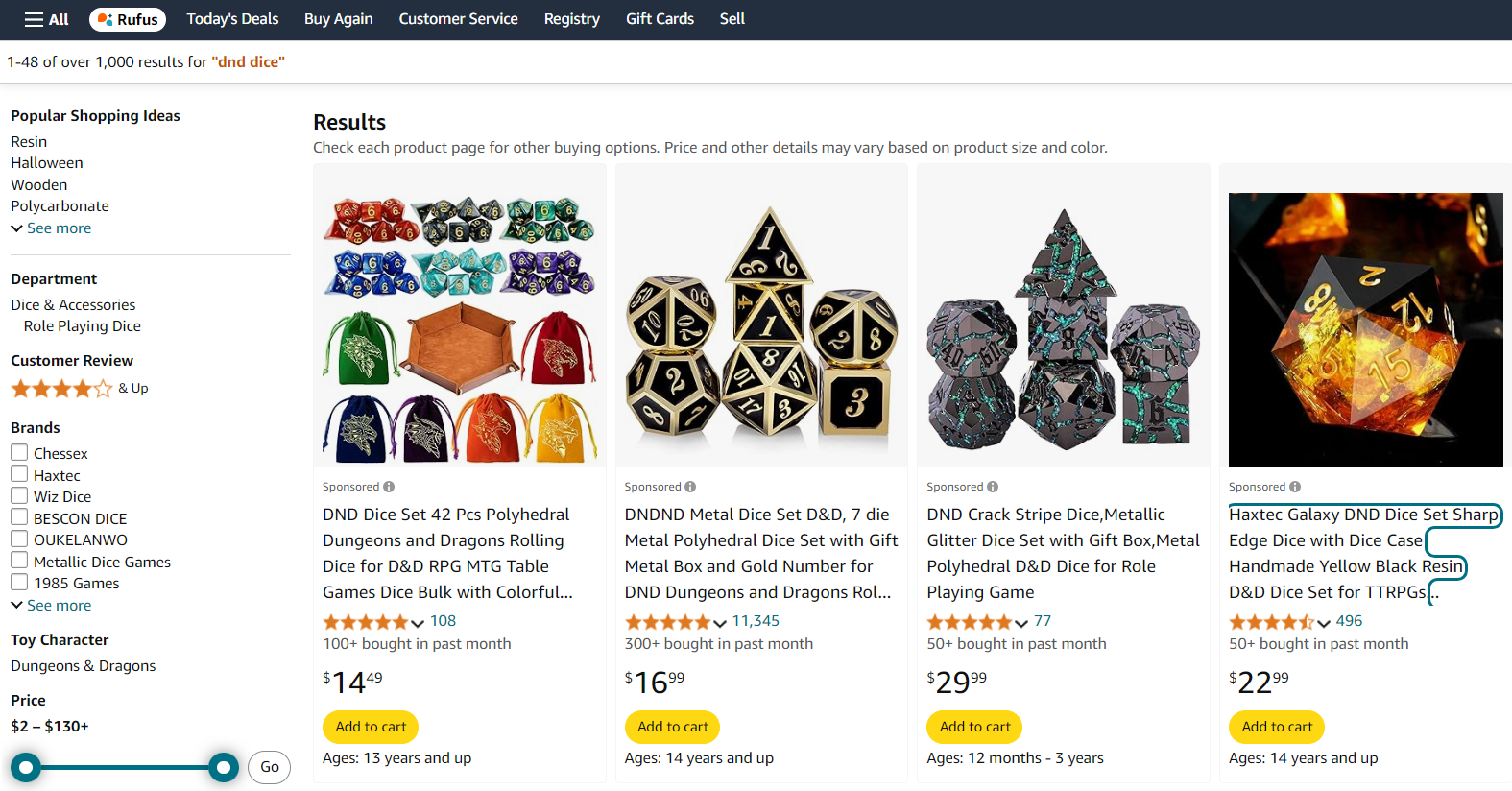 dnd dice search on Amazon product search which shows four sponsored ads. 