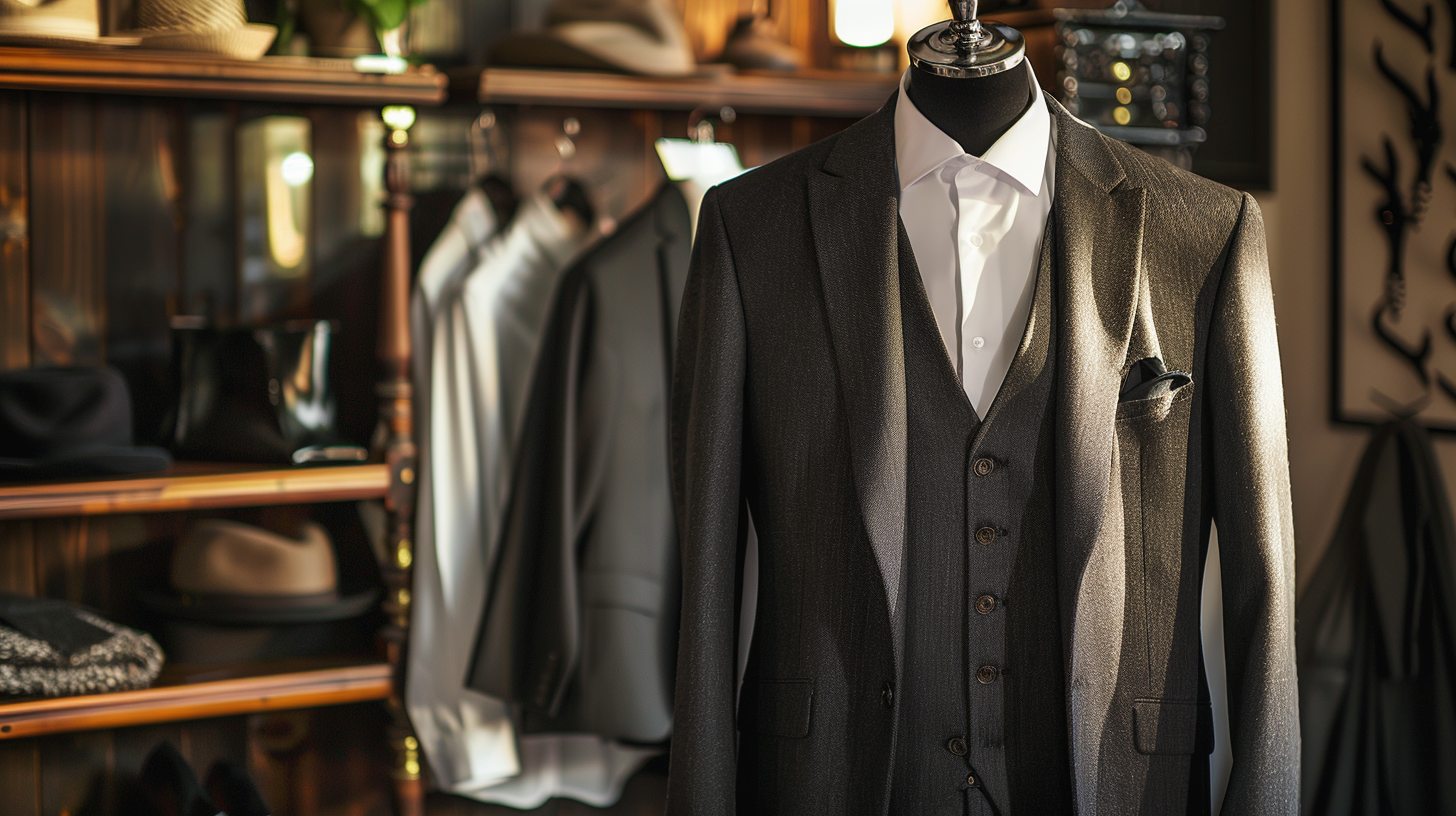 Elegant fall/winter look with black jacket, charcoal vest, and black trousers, layered with a white shirt, dressed-up three-piece outfit for formal events.