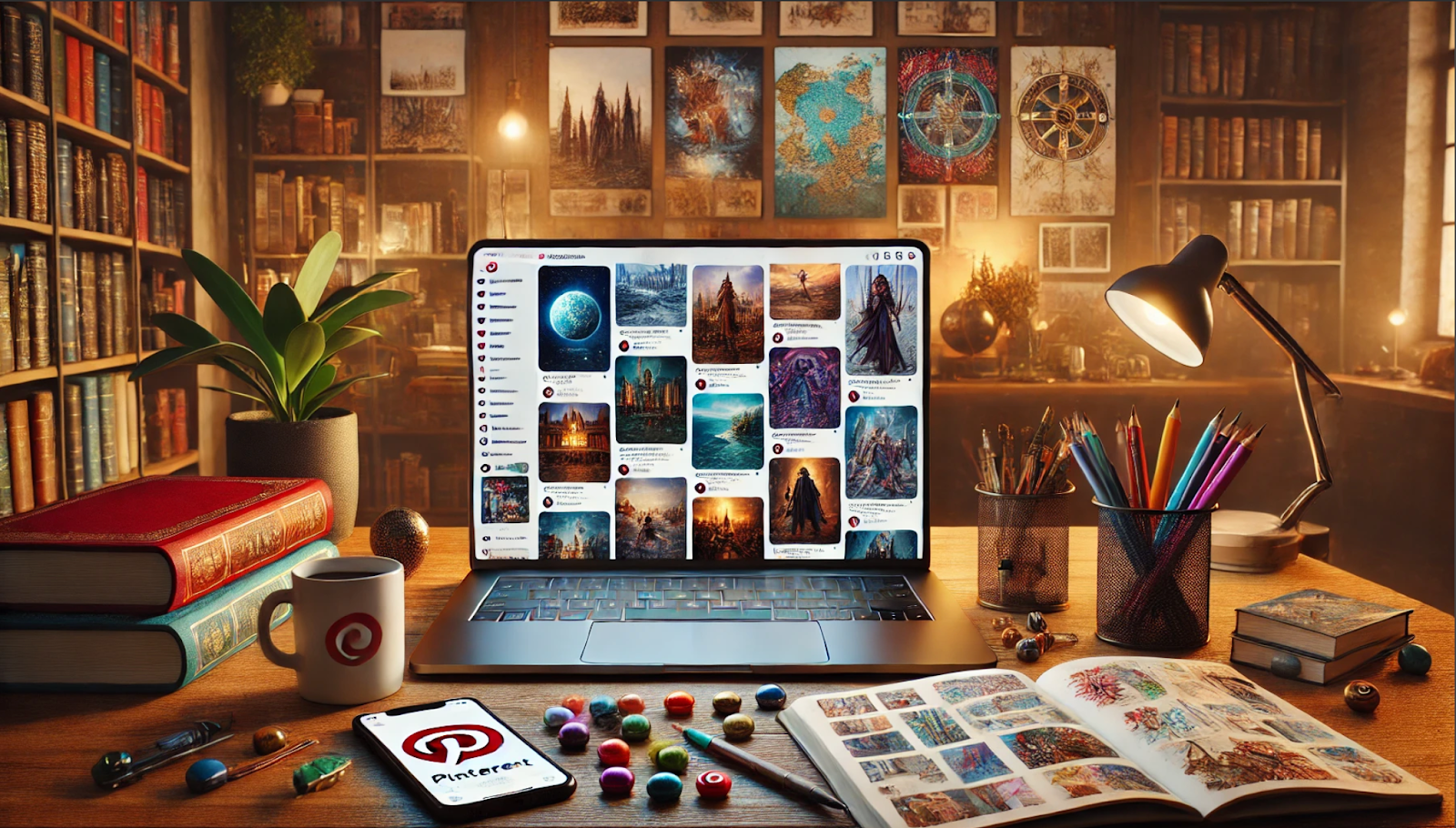  A cozy workspace with a laptop displaying a Pinterest feed filled with fantasy-themed images. The desk is surrounded by books, art supplies, a cup with a Pinterest logo, and warm lighting, creating an inspiring creative atmosphere.