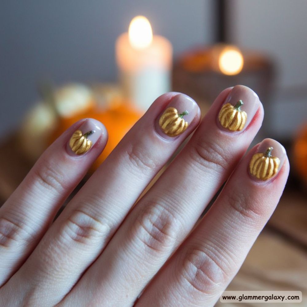 Thanksgiving Nail Designs having Golden Pumpkin Accent Nails
