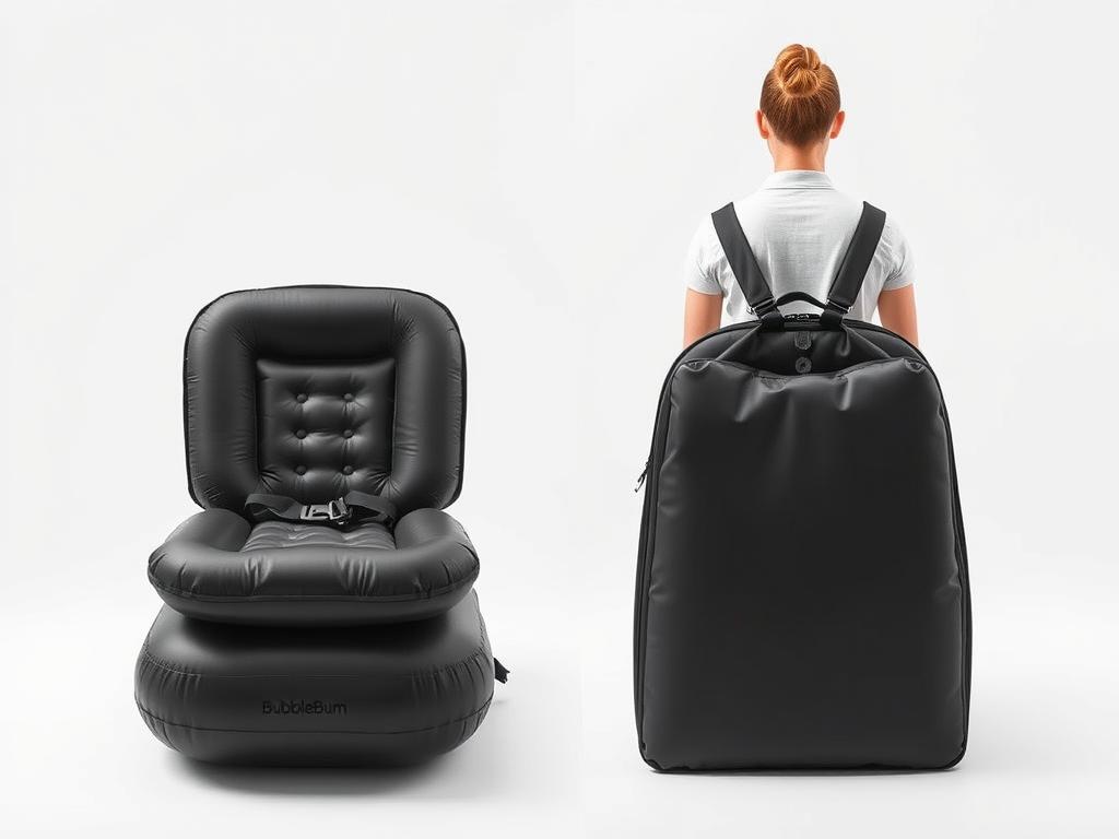 Inflatable BubbleBum booster seat in compact carrying case