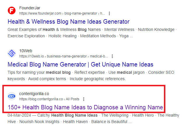 Screenshot of ranking keywords on Google's search engine result page