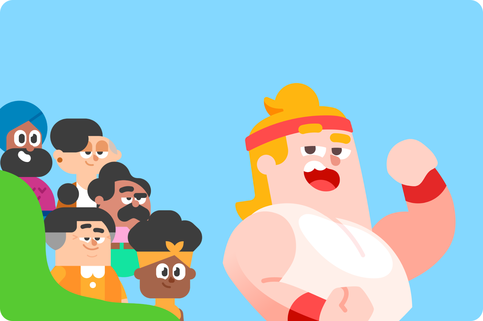 Eddy is in the foreground wearing a track outfit and showing off his muscles. Behind him, the Duolingo cast of characters looks on smiling