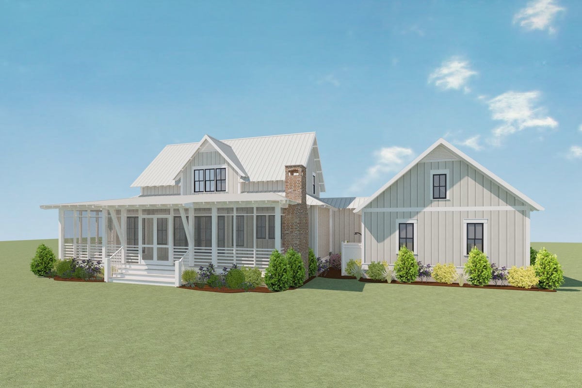 Rear rendering of the two-story 4-bedroom farmhouse.