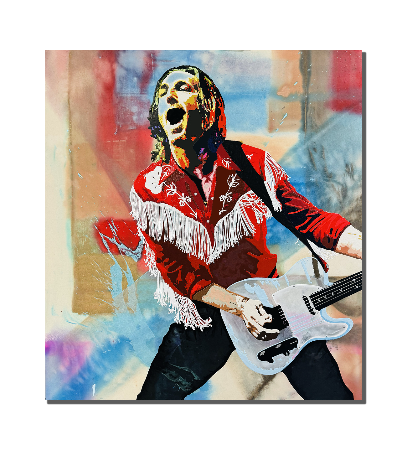 Commissioned by the music artist a Pop portrait of outlaw country icon Waylon Jennings by Erik Skoldberg, featuring vivid color layering of large wall abstract modern art and detailed guitar symbolism, part of the POP Art  Icon Series created for high-end collectors and investment portfolios