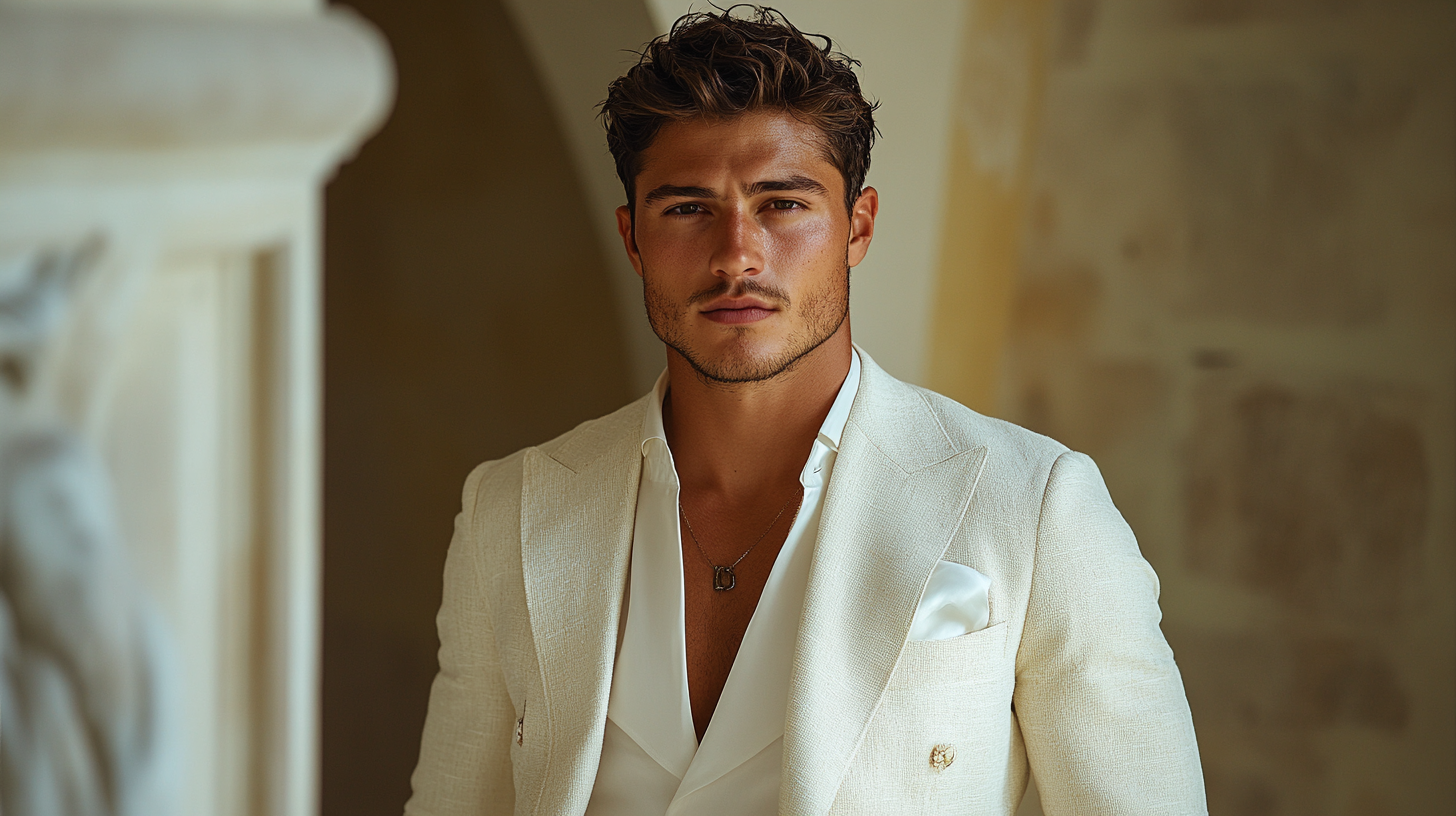 A man with olive skin tone wearing a crisp white or cream suit. The light, clean colors contrast beautifully with his warm complexion, creating a fresh, bright look. The outfit is ideal for summer events or casual gatherings, offering a sharp, elegant appearance. The background is light and airy, evoking a relaxed yet stylish atmosphere, perfect for daytime occasions.