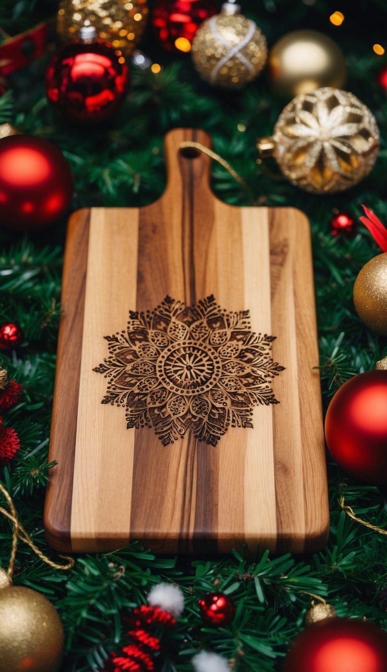 A wooden cutting board with intricate patterns, surrounded by festive decorations and tools