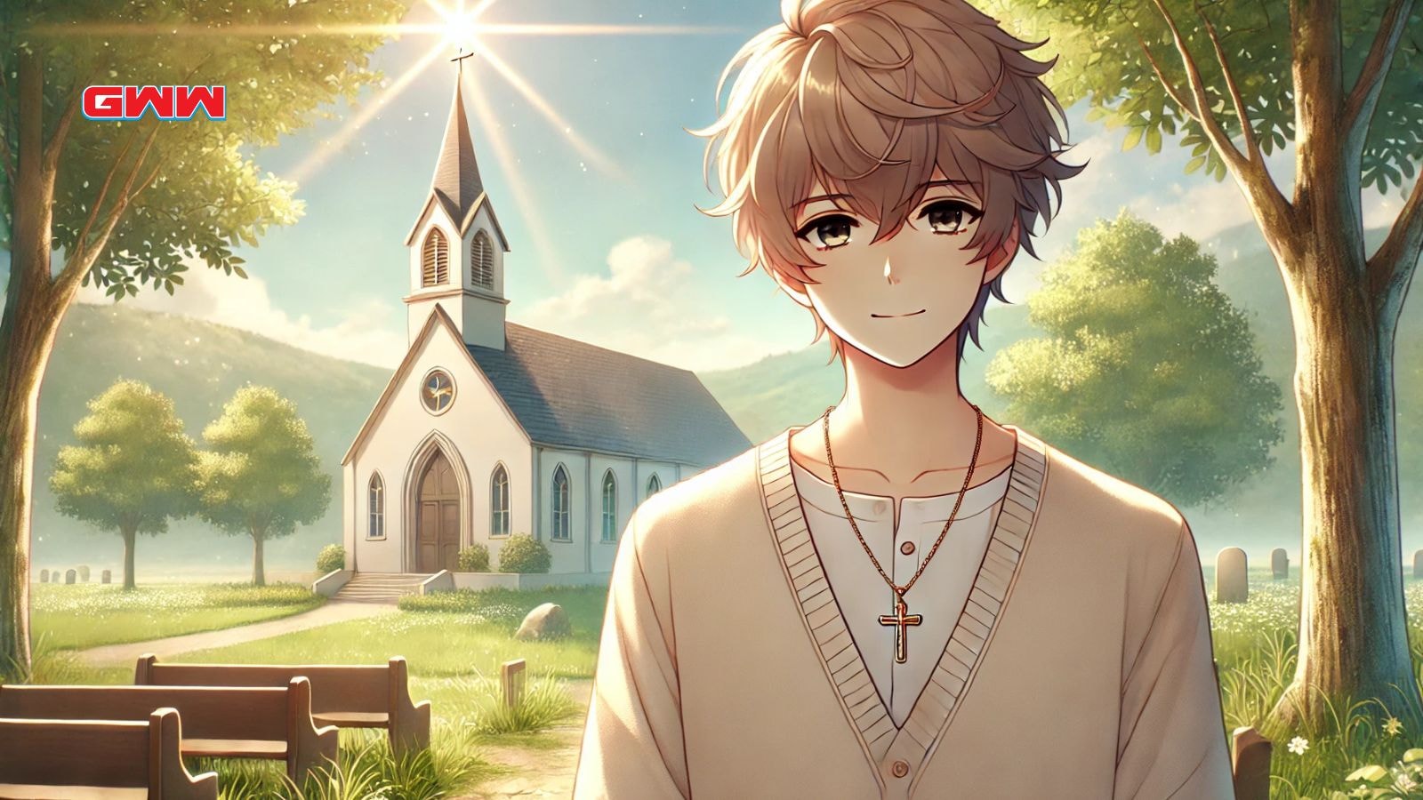 Young anime character with a cross necklace, standing by a church.