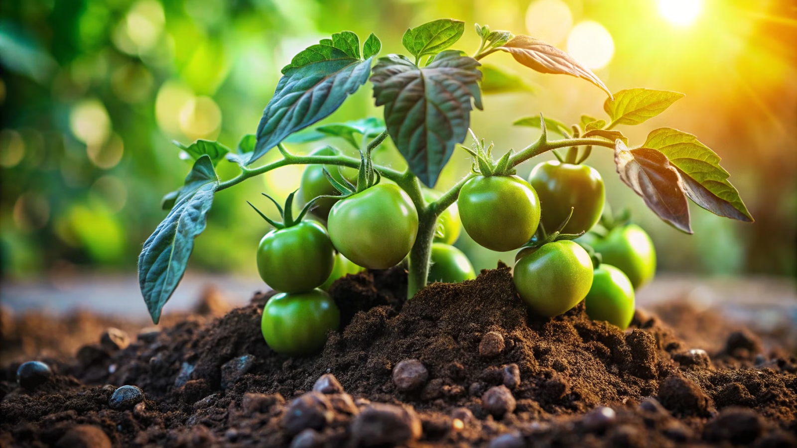  borra de café nas plantas Tomateiro saudável crescendo em solo com borra de café