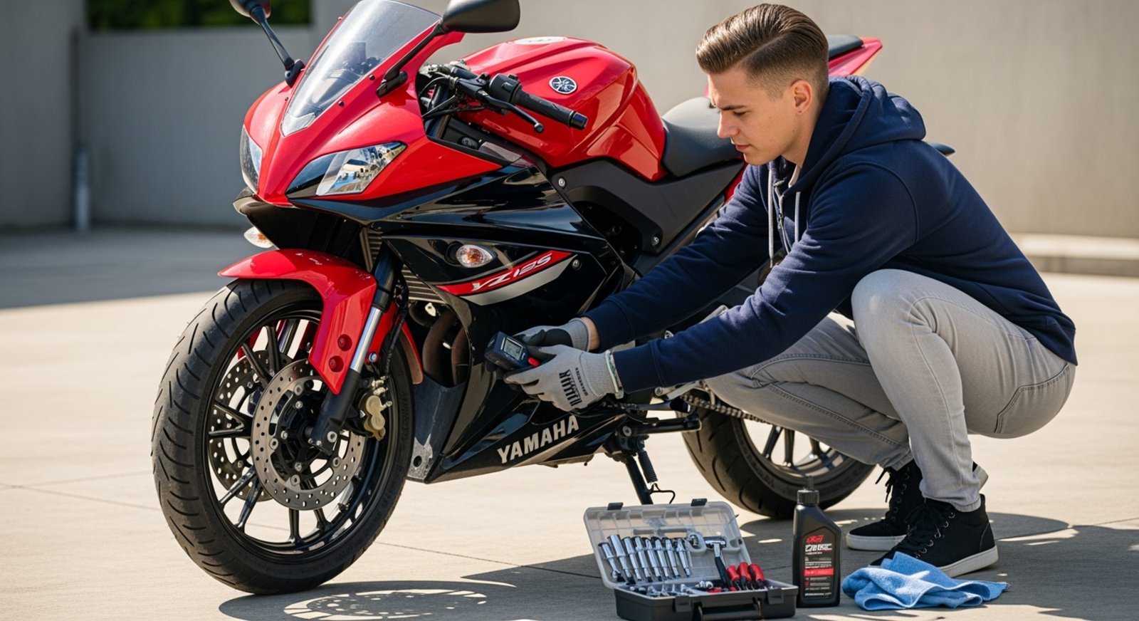 Mladý človek vykonáva základnú údržbu na motocykli Yamaha YZF-R125, kontroluje tlak v pneumatikách alebo maže reťaz.