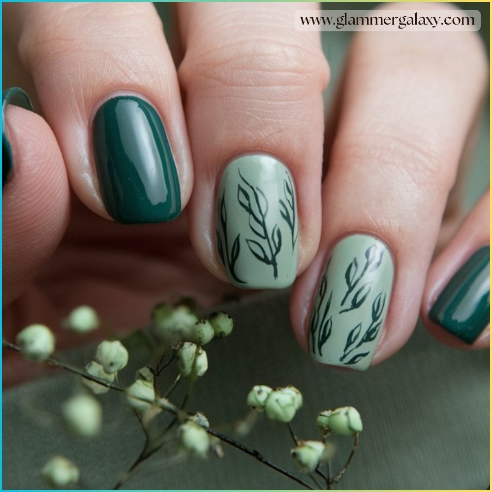 Close up of green fall nails Combining Dark & Light Sage