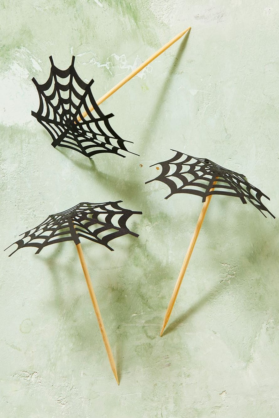 diy halloween decorations, spiderweb drink umbrellas on skewers