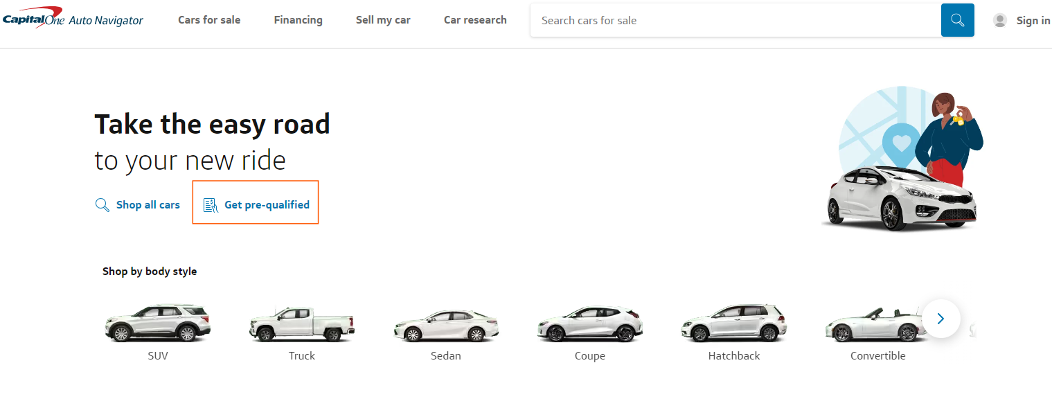 A screenshot of the CapitalOne website showing where to click to become pre-qualified for an auto loan