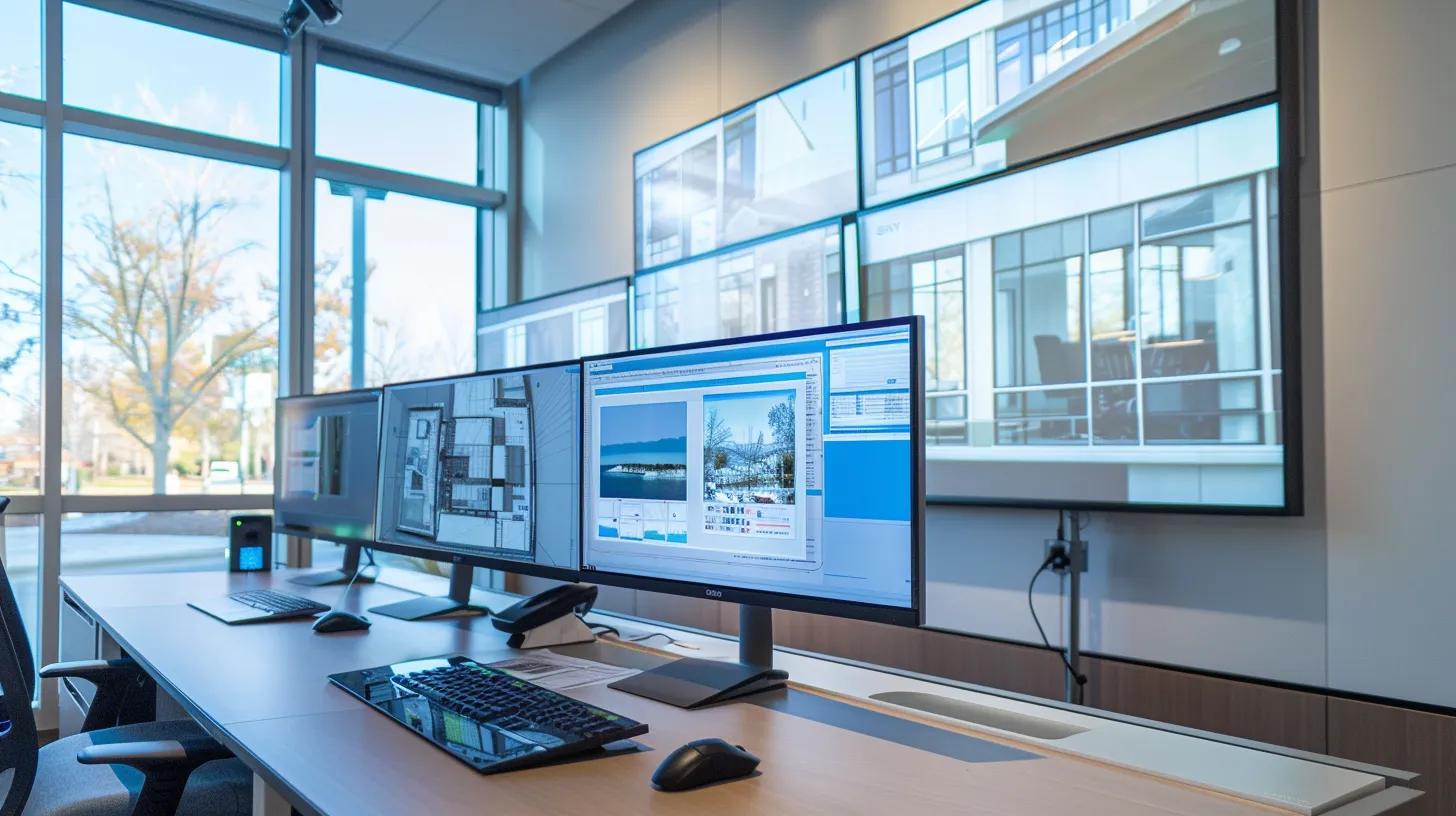 a sleek, modern construction office showcases advanced architectural plans and digital screens displaying innovative residential designs, emphasizing cutting-edge technology and eco-friendly materials in a bright, organized environment.