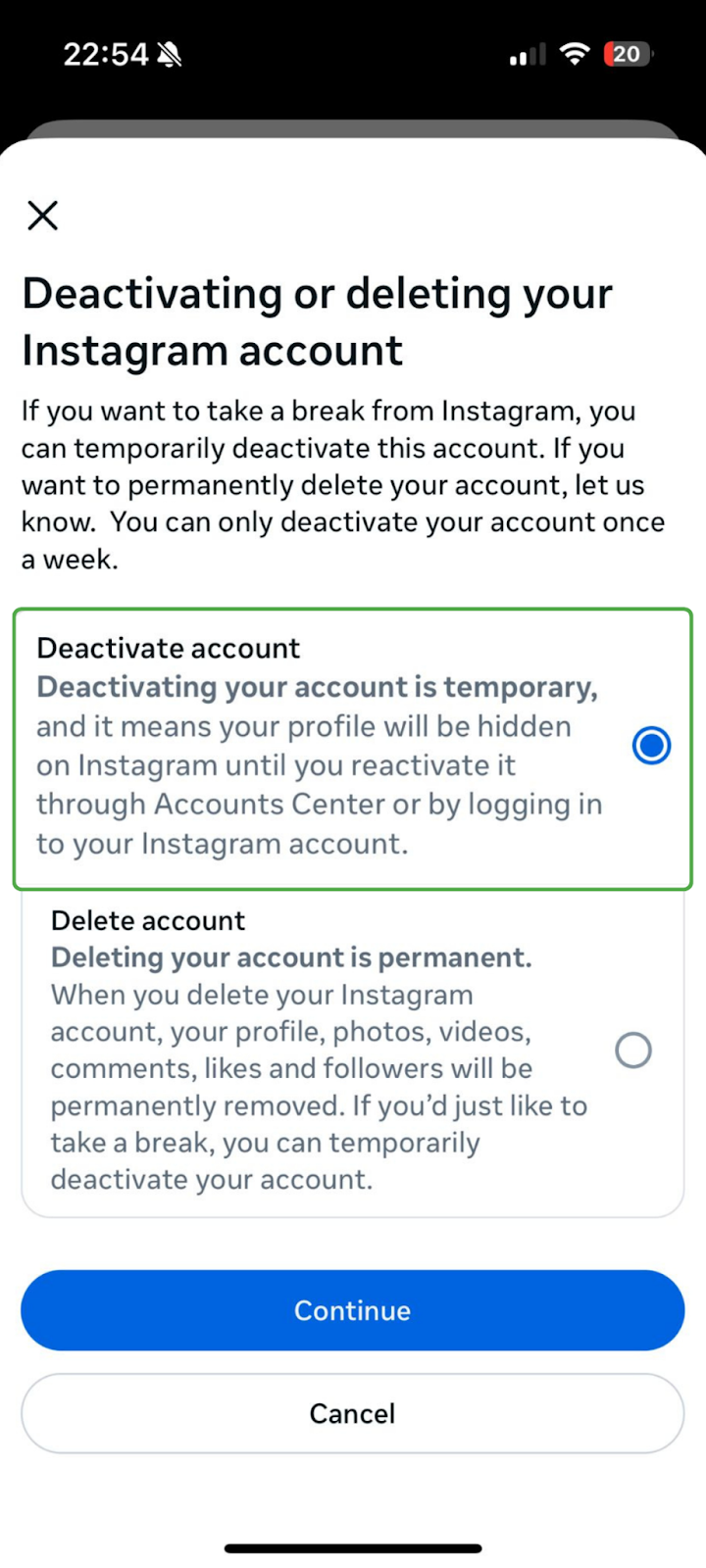 Screenshot of the Meta Accounts center Deactivation or deletion interface with the "Deactivate account" button highlighted