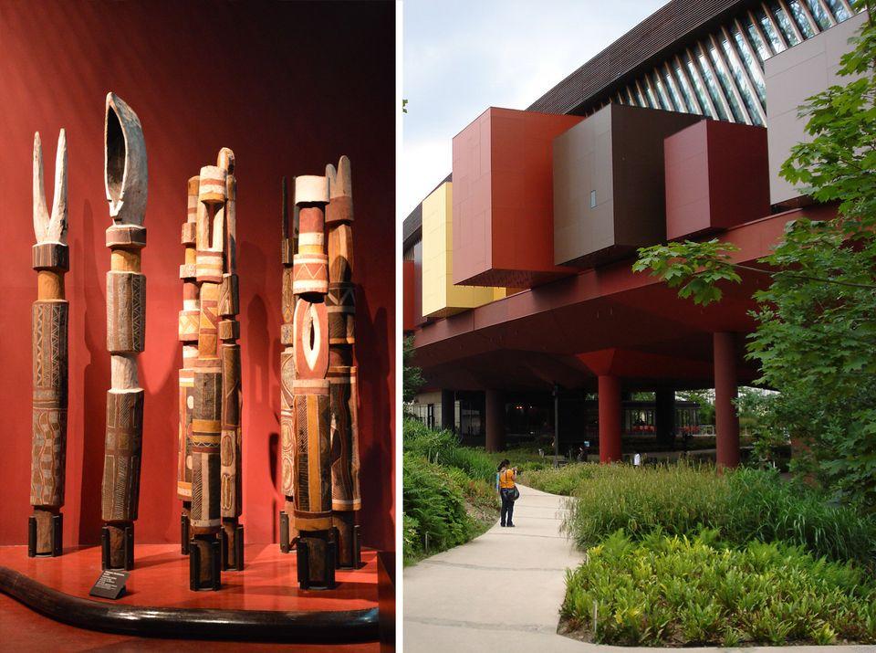 A photo of the Bari funeral poles on the left and a photo of the Musée du Quai Branly-Jacques Chirac in Paris on the right. 