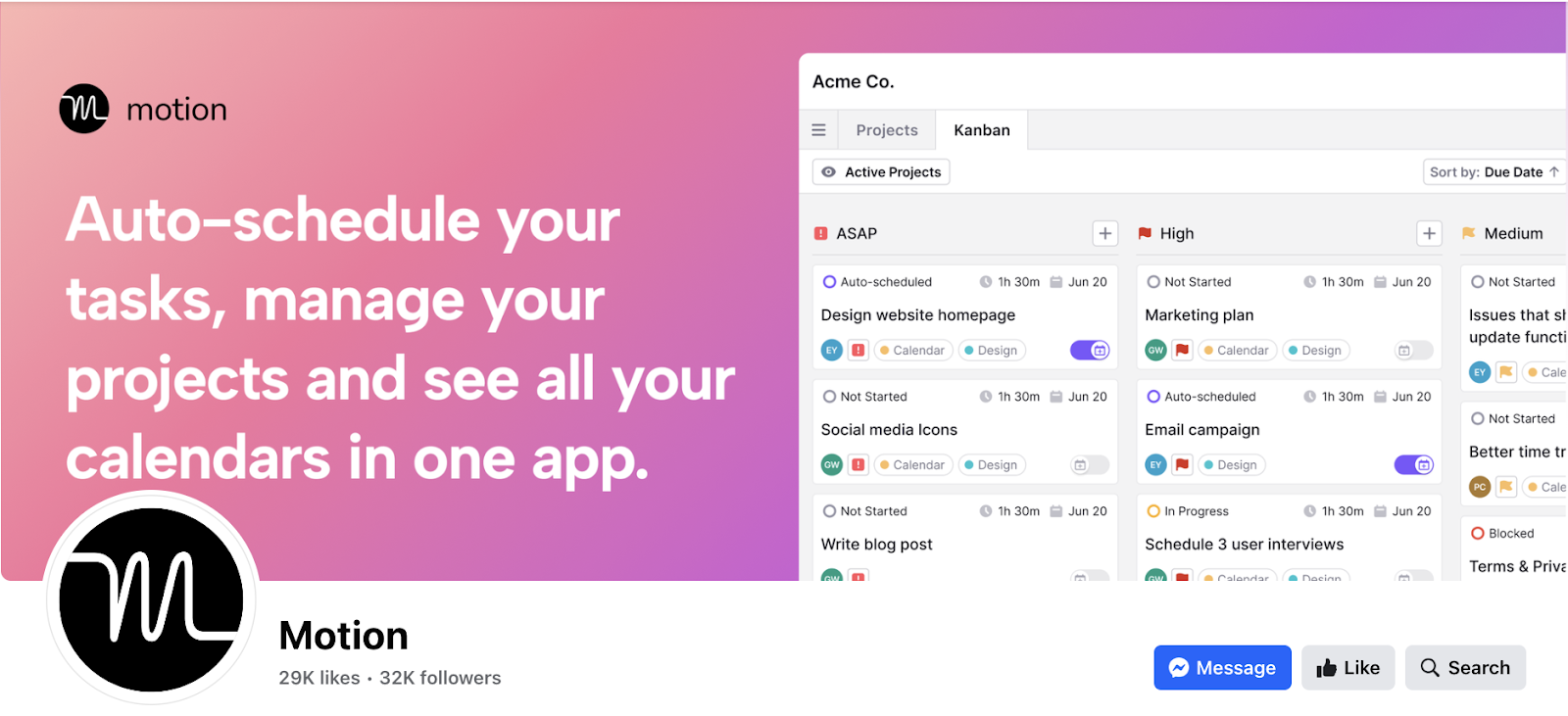 Motion's Facebook cover photo featuring a screenshot of the product and the text 'Auto-schedule your tasks, manage your projects and see all your calendars in one app.'