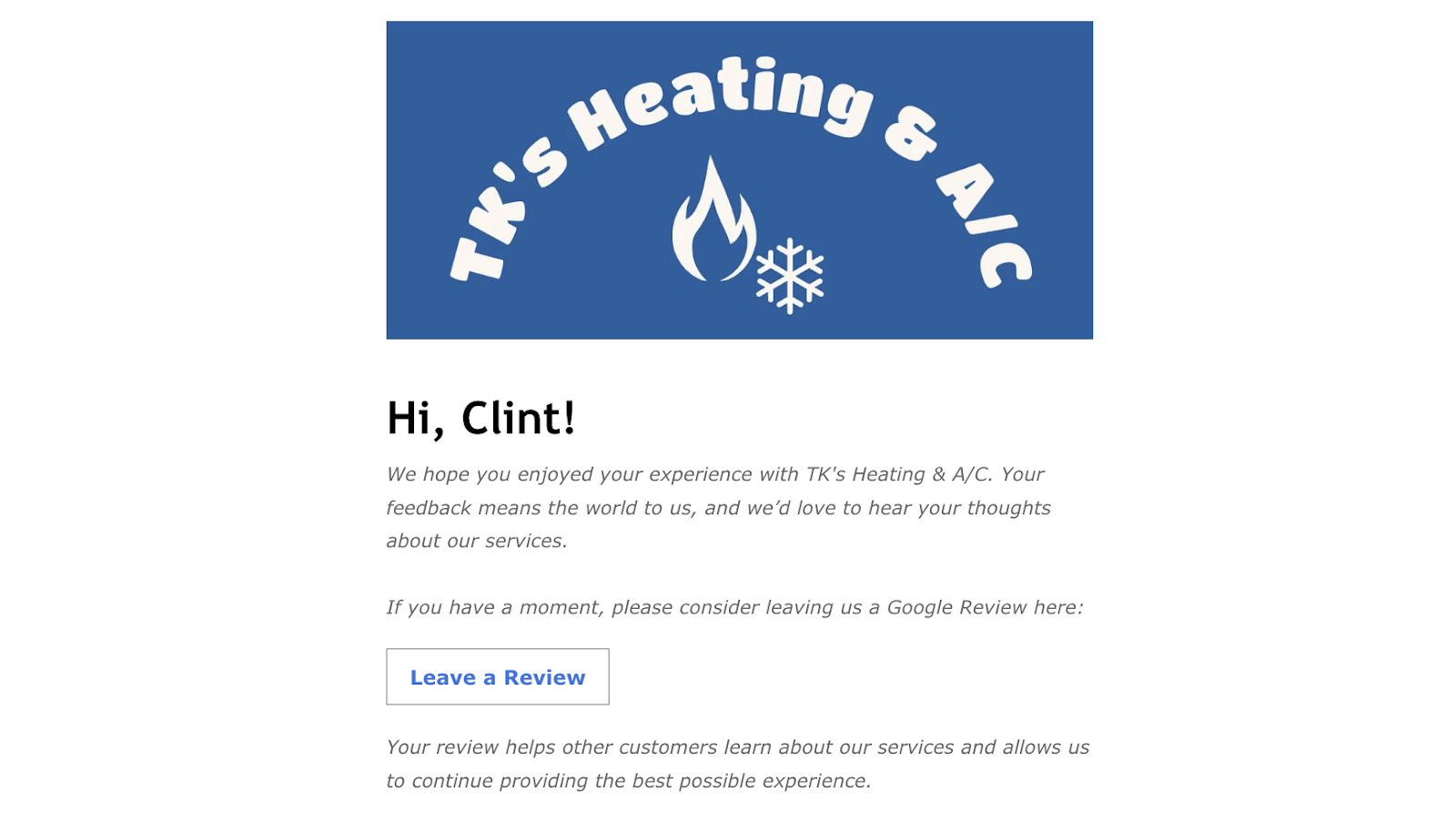 hvac marketing email for customer reviews