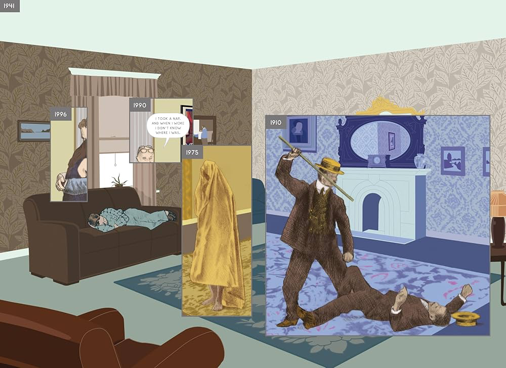 Ilustrasi dalam komik strip "Here" karya  Richard McGuire yang menjadi landasan film "Here" (2024). 