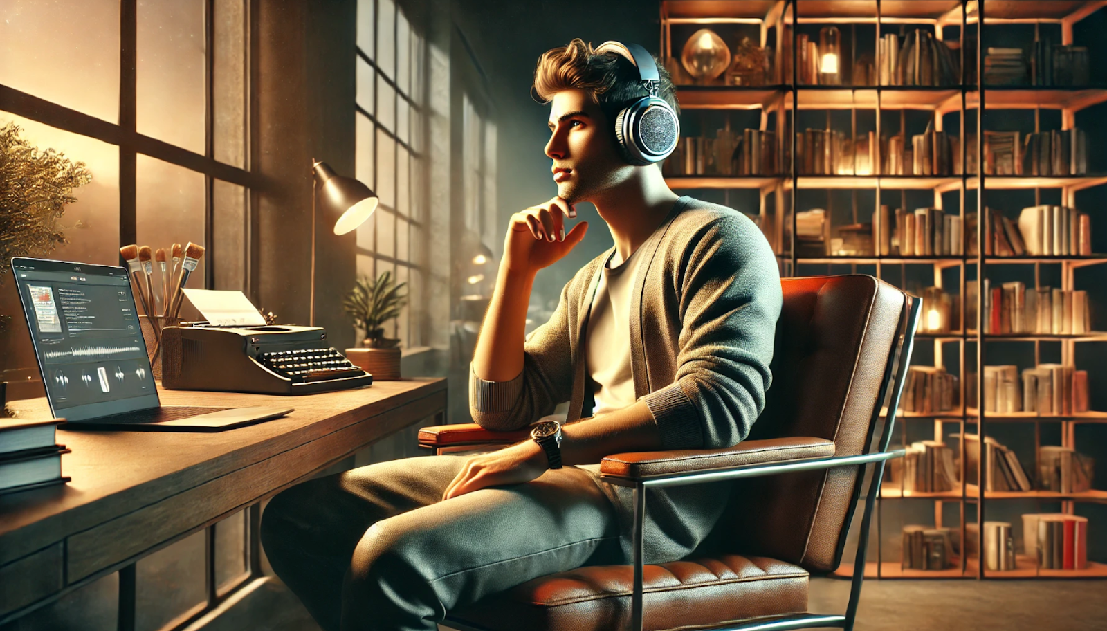  Man listening to an audiobook in a cozy library