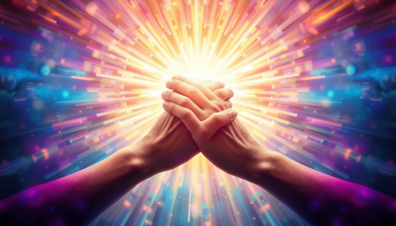 A radiant energy field surrounding two hands holding each other, with fingers interwoven, representing the reconnection of two souls through spiritual alignment and energetic harmony. The image should convey a sense of hope and positivity, with vibrant colors and a feeling of warmth and comfort.