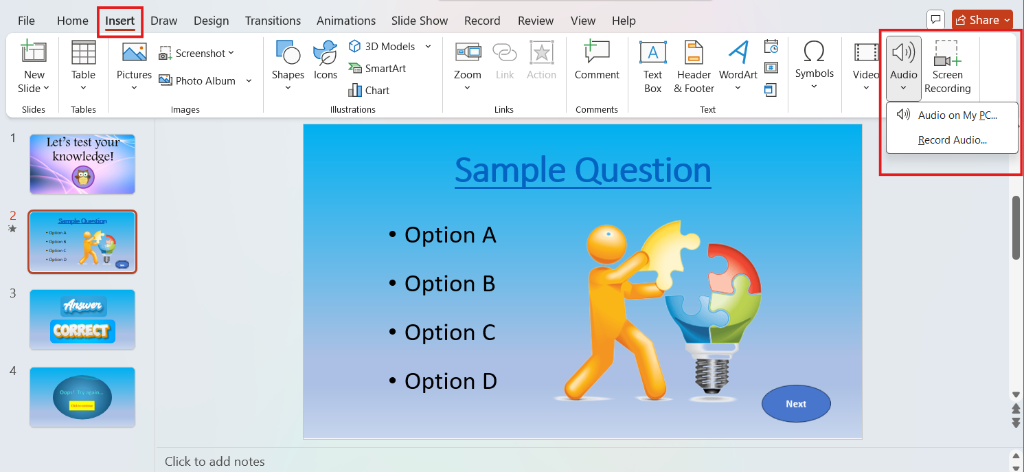 Insert > Audio > Audio on My PC and Record Audio options are highlighted.