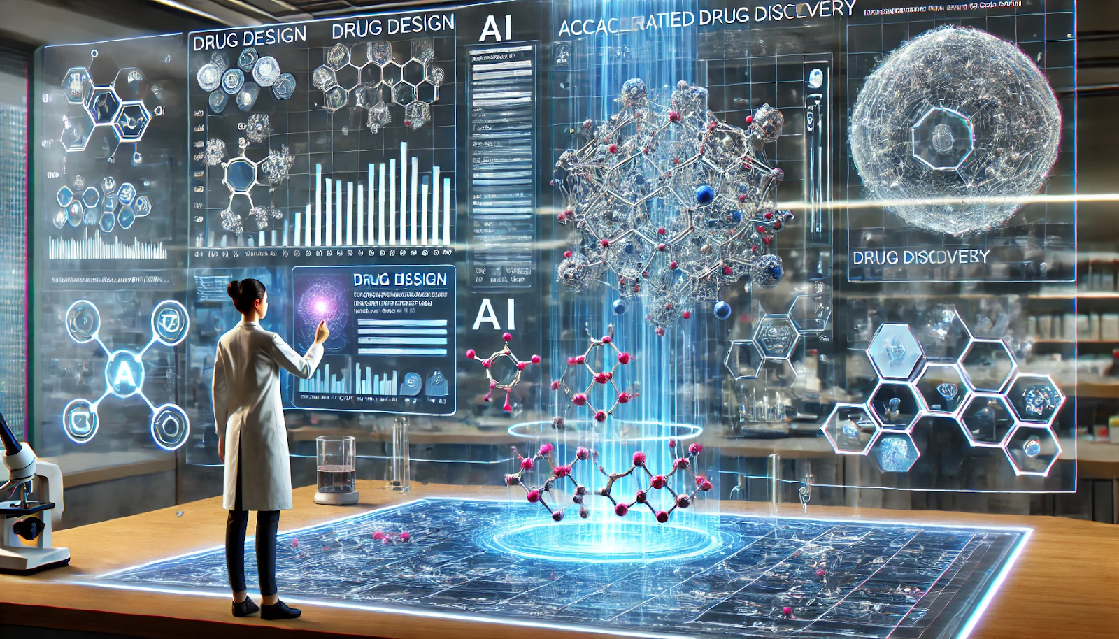 Futuristic AI-powered interface displaying molecular modeling for drug design, with a scientist manipulating a 3D model of a molecule.