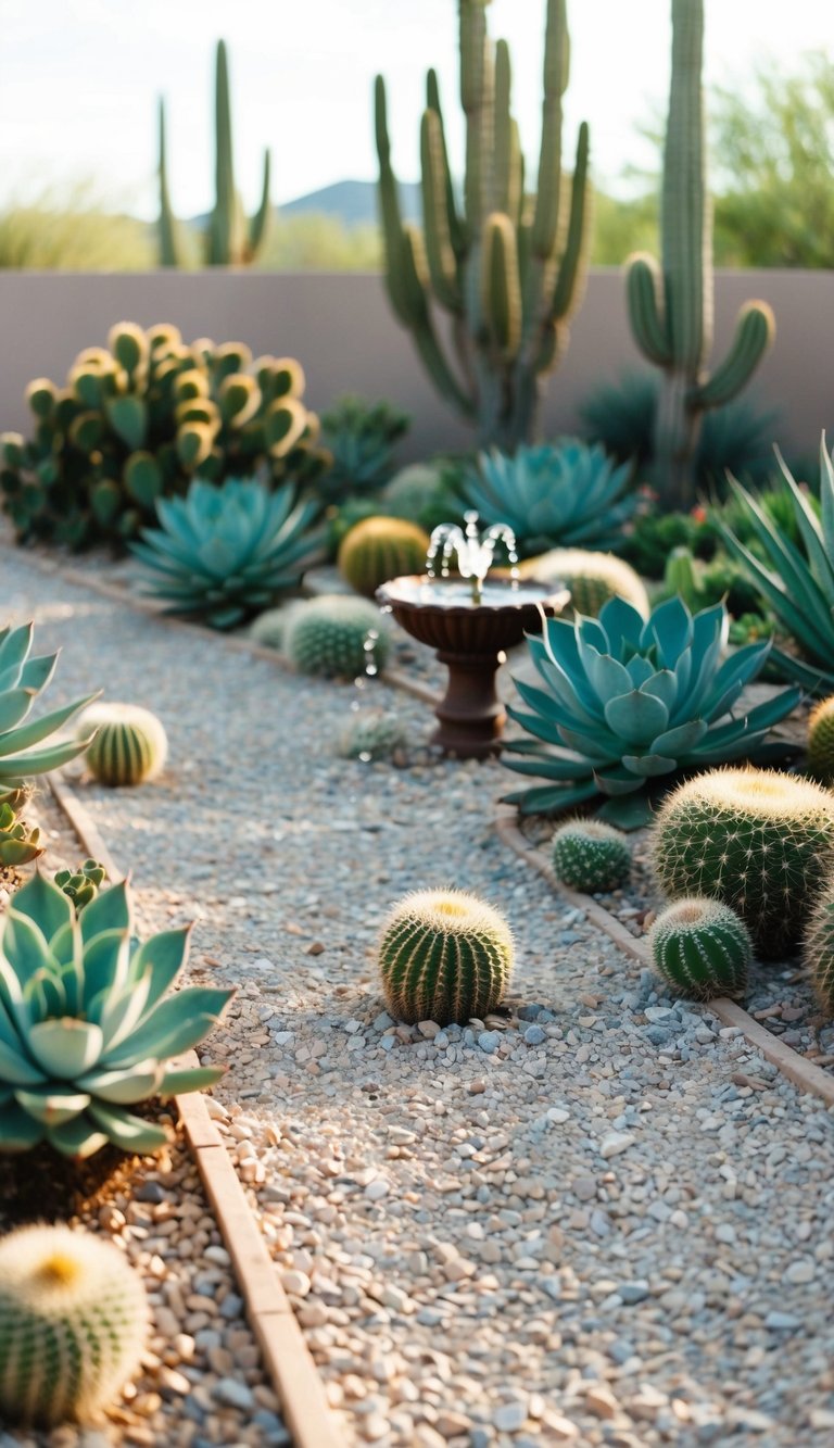 A desert landscape with succulents, cacti, and gravel pathways. A small fountain adds a touch of tranquility to the drought-tolerant front yard